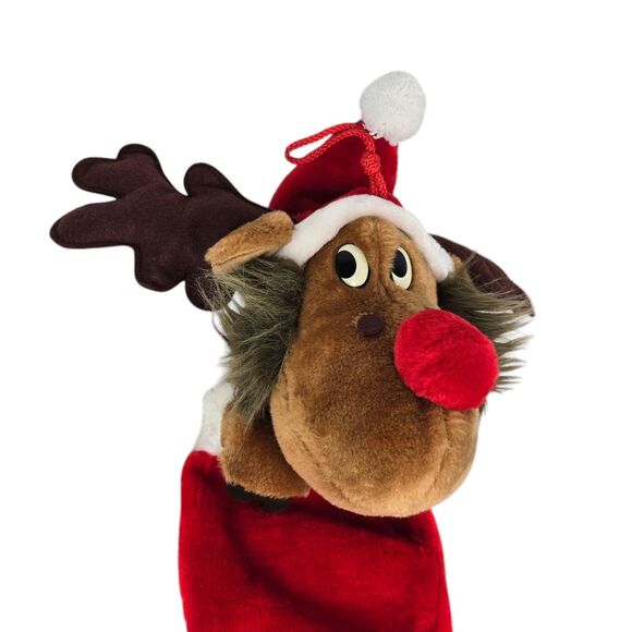 VTG Smithy 3D Plush Red Nose Reindeer Moose 27" Christmas Stocking Santa Hat - Picture 5 of 14